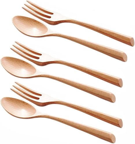 Kyien - Juego de 6 cucharas y tenedores de madera para sopa de madera natural, cubiertos de madera ecológicos, tenedor y cuchara de madera, 3 disponible en Yaxa Guatemala