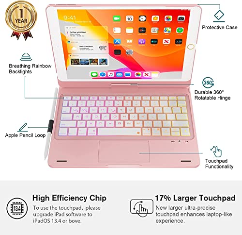 Ipad 9Th Generation Case With Keyboard And Touchpad, 360° Rotatable Backlit Keyboard With Pencil Holder For 10.2" Ipad 9Th Gen 2021/ 8Th Gen 2020/ 7Th Gen 2019 And Ipad Air 3 / Pro 10.5 Inch-Rose Gold #TOP4