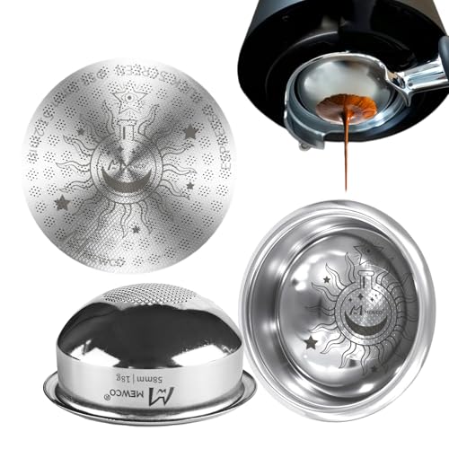 58mm Espresso Filter Basket and Espresso Puck Screen,18g Spherical Bottom Design for Even Espresso Extraction Fits Most 58mm Portafilter/Tamper/coffee maker