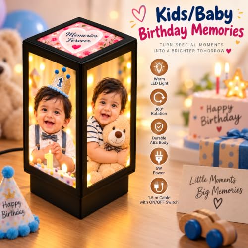 Image of Personalized Rotating Photo Lamp with 4 Photos | Customised 360 Degree LED Memory Lamp | Birthday, Anniversary, Wedding Gift for Couple, Kids, Parents & Family