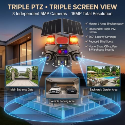 Image of Maizic Smarthome TriSiren 5MPx3 4G Solar Camera | Triple PTZ /Lens with Triple Screen View | Dual Solar Panel | 10000mAh Inbuilt Battery | AI Human Detection | Color Night Vision | 2-Way Talk
