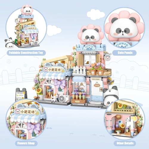 Image of SKY LINE OCEAN Street View Flower House Mini Building Blocks Set, 810+ PCS Cute Panda Flower Shop Architecture Model Kit, Creative MOC Construction Toy for Girls Boys Kids Adults, Gift Idea Ages 6+