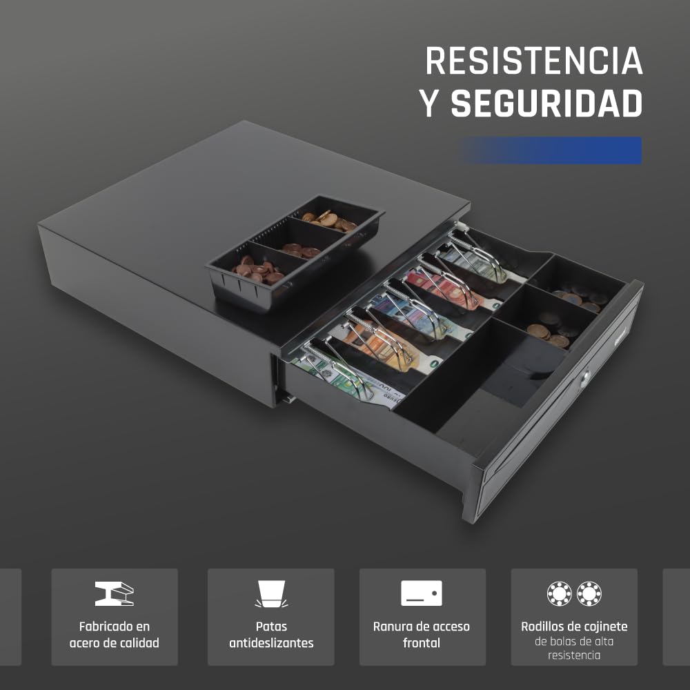 iggual Cajón Portamonedas IRON-30. Caja Efectivo Registradora Manual o Automáticapara 5 Billetes y 5 Monedas. Cerradura 3 Posiciones. Material Acero+Plástico. Uso profesional- Negro (42x40.5x10)