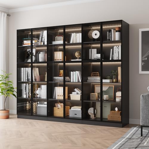Mekminop 3 Piece Display Cabinet with Glass Doors & Adjustable Lights, 78.7” Tall Display Case with 5 Tier Storage Shelves, Modern Collectibles Cabinet for Living Room, Office, Black