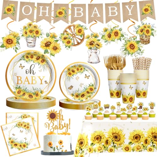 Hombae Sunflower Baby Shower Decorations for Girls 179 PCs Sunflower Yellow Party Supplies with Plates Napkins Forks Hanging Swirls Banner Tablecloth for Baby in Bloom Party Serves 24 Guests