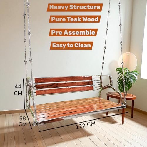 Image of Kaushalendra Hanging Swing for Indoor Outdoor Balcony, 122 cm Stainless Steel & Teak Wood, 350kg Capacity, Pre Assembled, Includes Springs & Hook