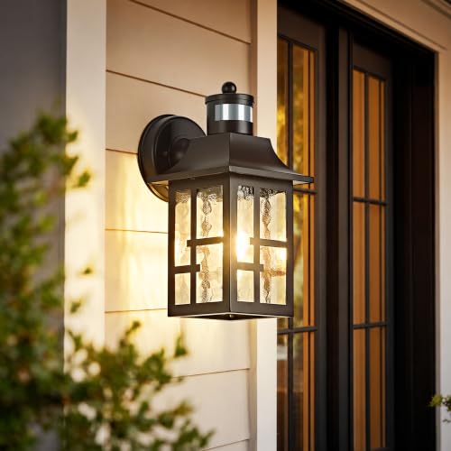 Image of OKELI Outdoor Wall Lights with Motion Sensor, Exterior Waterproof Lantern, Front Porch Sconce Lighting with Water Ripple Glass Shade, Anti-Rust Wall Lamps Outside Lights for Garage (Brown-2pack)
