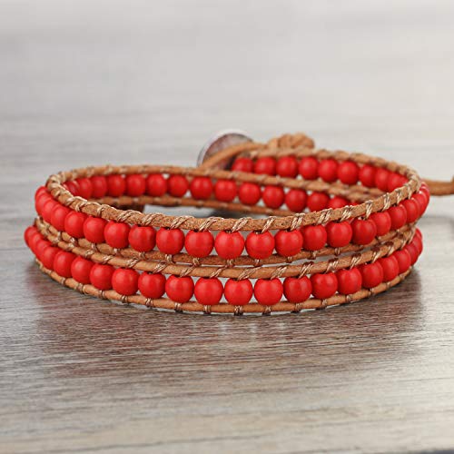 Kelitch Double Wrap Bracelet Women Braided Red Agate Beads Bracelets On Brown Leather #TOP6