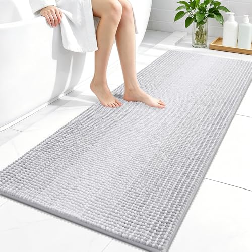 Image of OLANLY Bathroom Runner Rugs 47x24, Extra Soft Absorbent Chenille Striped Bath Rugs, Rubber Backing, Machine Wash Dry, Long Bath Mats for Bathroom, Tub, Shower, Home Decor Accessories, Light Grey