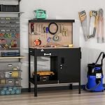 HOMCOM Garage Workbench with Storage, Workshop Multipurpose Tool Bench with Drawer, Peg Board, Open Shelf and Cabinet with Keys, Black