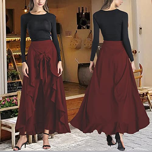 Lrady Women's Ruffle Pants High Waist Trousers Casual Beach Maxi Long Palazzo Overlay Pant Skirts, Wine Red, Large
