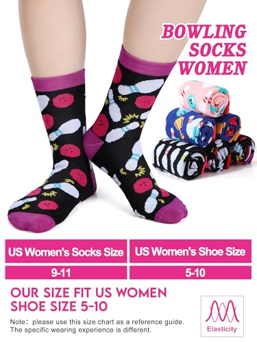 Patelai 6 Pairs Funny Bowling Socks for Women Novelty Bowling Accessories Gifts for Bowlers Women Female Spring Party Favors(Classic Style,Vibrant Color)