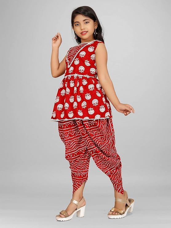 Image of Suhana Fashion Girls Dress Girls Cotton Kurti Top with Dhoti Kurta Set & Dupatta