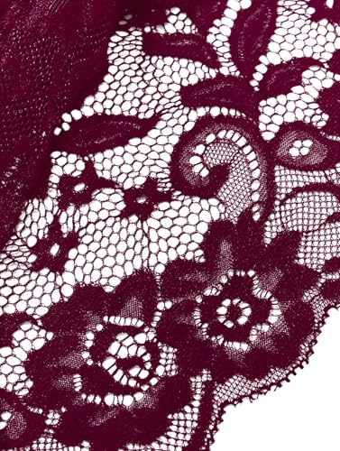 Image of Lilosy Petite Sexy Women Floral Lace Pajamas Lingerie Set High Waist Sheer Sleepwear See Through Nightwear Bow Ties Cami Shorts Bra and Panty 2 Piece Wine Red XX-Small