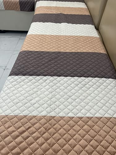 Image of Brown Stripes Quilted Velvet Sofa Cover - 5-Seater (3+1+1) - Premium Hotel-Style Look - Soft Quilted Velvet - Anti-Slip Backing - Indian Size Fit - Couch Cover - Made in India