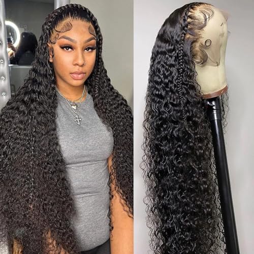 QKOQKO 13x6 Water Wave Lace Front Wigs Human Hair Wigs 10A 30 Inch HD Transparent Wet and Wavy Lace Front Wigs Human Hair Glueless Deep Curly Lace Frontal Wigs Pre Plucked for Women