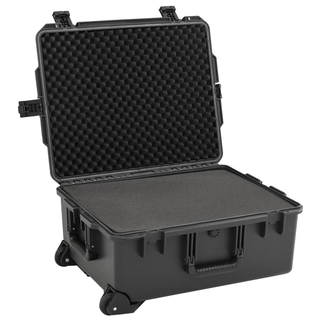 Czarna twarda walizka transportowa z polipropylenu i ABS, przenośna walizka lotnicza z wkładką z pianki, zawór ciśnieniowy, zamykana, 62,5 x 50 x 28,5 cm, do przechowywania w podróży i na