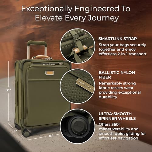 Image of Briggs & Riley 21 inch Global Carry On Expandable Spinner - Luggage for International Travel, Suitcases with Wheels, Softside Rolling Bag for Men & Women, Self-Repairing Zipper- Baseline Collection, Olive