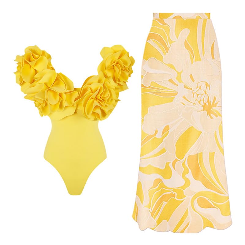 KWCLTH 2024 Las mujeres de verano de una sola pieza traje de baño con la playa Cubra Wrap Falda Sarong Halter Floral Print Bikini Set Two Piece Traje de baño