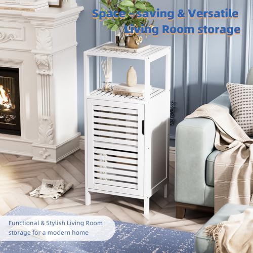 HITNET Bamboo Bathroom Storage Cabinet, 4 Tier Small White Floor Cabinet with Single Door, Free Standing Slim Narrow Storage Organizer for Bedroom Living Room - Thumbnail 4