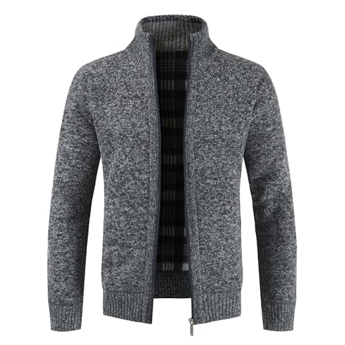 Men's Slim Fit Zipped Knitted Cardigan Classic Casual Long Sleeve Stand Collar Sweater Fleece Lined Warm Outwear (Grey1,Medium)