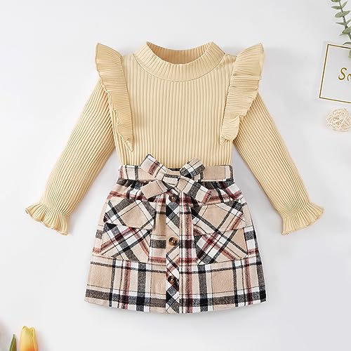 Image of Weixinbuy Toddler Girl Fall Winter Clothes Solid Long Sleeve Ribbed T-Shirt Knit Tops Plaid Button Mini Skirts Set Outfits