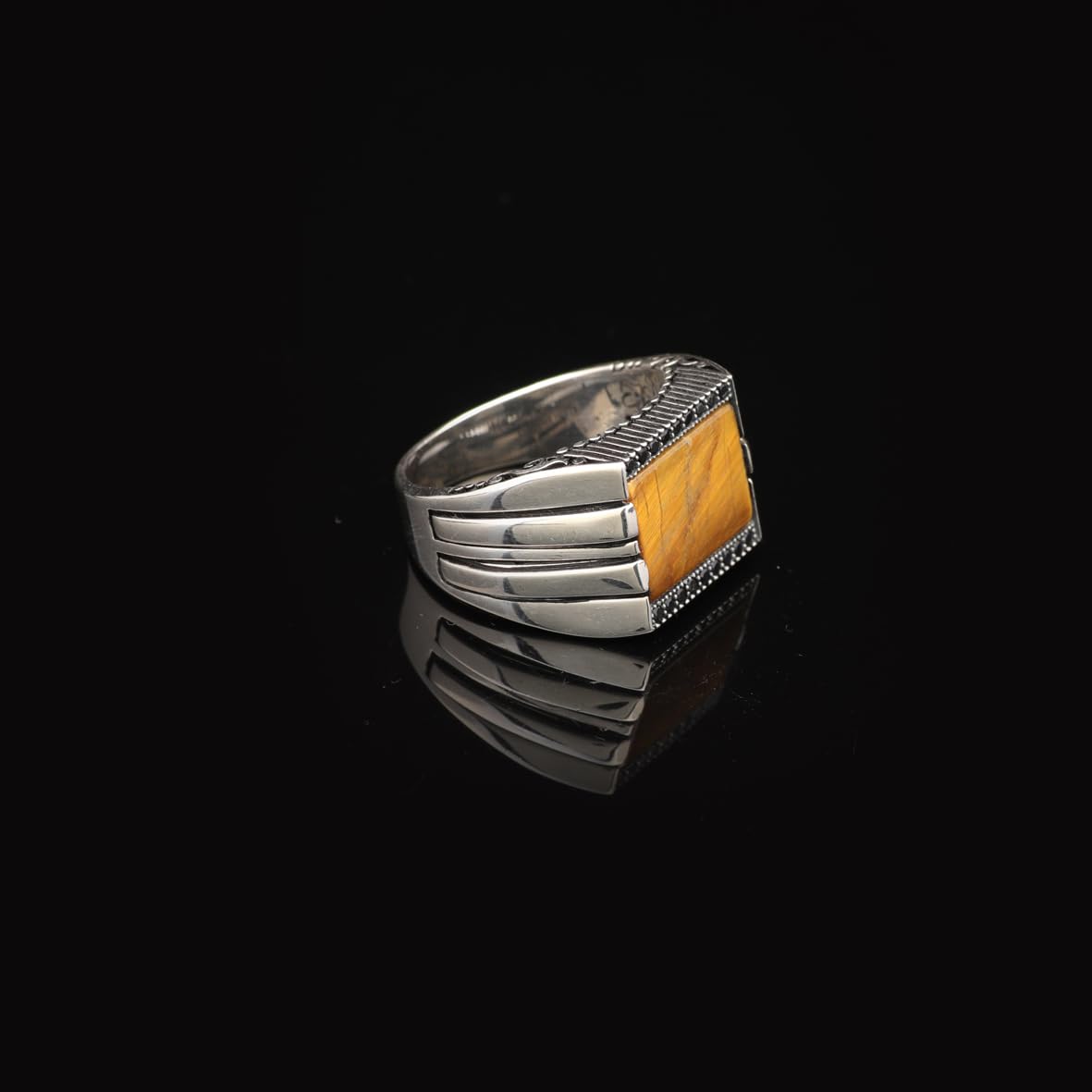 Bague de Fiançailles en Œil de Tigre pour Homme – Chevalière Gravée en Argent Sterling 925 avec Pierre Précieuse Poli – Bague Style Millésime Fait Main