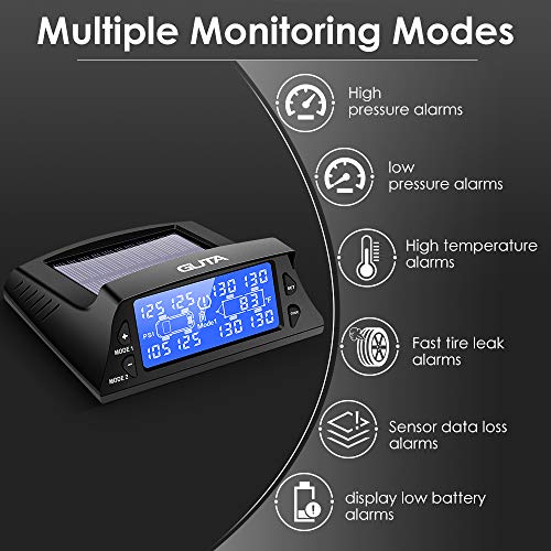 GUTA Tire Pressure Monitoring System for Travel Trailer - 8 External Sensor(0-188 PSI) tpms, 6 Alarm Modes, Backlight LCD Display, Auto Sleep Mode, Monitor up to 10 Tires, Real-time Monitor Pressure