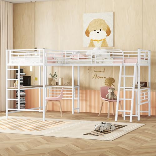 Generisch Litera de 90 x 200 cm, color blanco, con escritorio y escalera doble, ahorra espacio, con barandilla alta, certificado EN747 para seguridad, marco de metal y diseño multifuncional