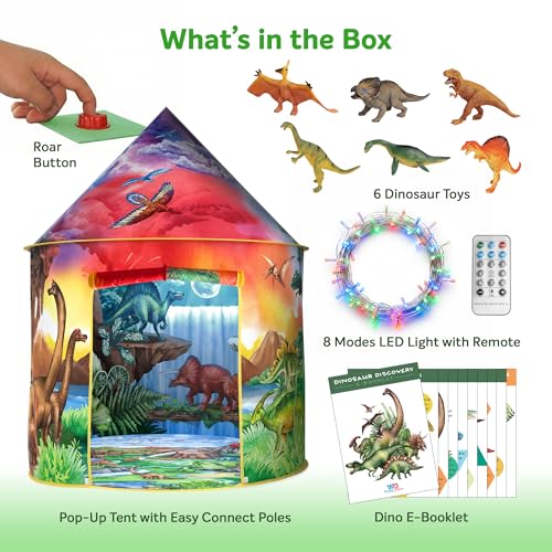W&O Dinosaurier-Entdeckerzelt für Kinder mit Brüllknopf, Dinosaurier-Spielzeug und LED-Lichtern – Episches Pop-Up-Zelt für Jungen & Mädchen – Perfekt für Abenteuer drinnen & draußen