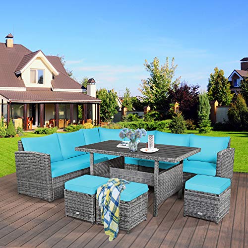 Tangkula 7 Pieces Patio Furniture Set, Outdoor Sectional Rattan Sofa Set With Cushions, All Weather Wicker Conversation Couch Set W/Dining Table & Ottomans For Backyard Garden Poolside (Turquoise) #TOP2