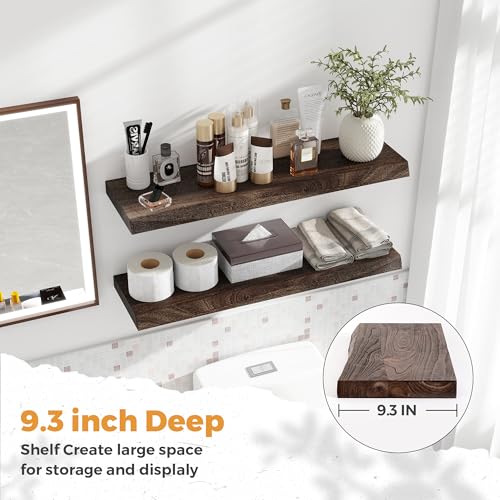 Image of RICHFOCUS Live Edge Elm Floating Shelves - 22 inch W x 9.3 inch D Rustic Solid Wood Wall Shelves with Invisible Bracket, Wall-Mounted for Living Room, Bedroom, Kitchen Storage & Display, Set of 2, Walnut