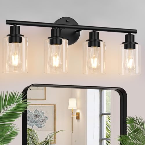 4-Light Bathroom Light Fixtures, Matte Black Modern Vanity Lights Over Mirror with Clear Glass Shade, Bathroom Wall Lamp for Mirror Kitchen Living Room Hallway Cabinet Porch Bedroom Reading room