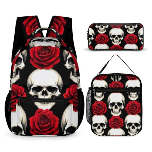 Backpack with Lunch Box & Cosmetic Bag Set Dark Black Red Rose Skull Bookbag Daypack Set Backpack with Lunch Bag Storage Bags
