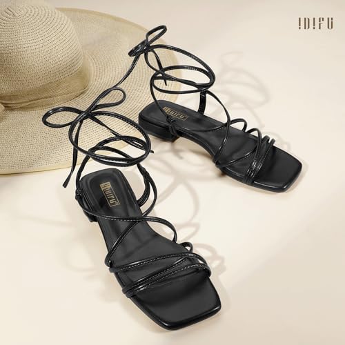 Image of IDIFU Strappy Lace Up Flat Sandals for Women Tie Up Square Open Toe Ankle Wrap Straps Dressy Gladiator Summer Beach Wedding Party Ladies Comfortable Cute Casual Dress Sandals