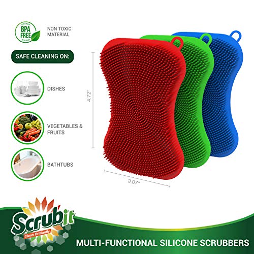 Silicone Scrubbing Pad Sponges By Scrubit - Real Silicon Non Scratch Kitchen Scrubber - Non Smell Cleaning Sponges For Kitchen Dishes - Reusable Soft Dish Sponge - Blue Red Green Pads (3 Pack) #TOP2