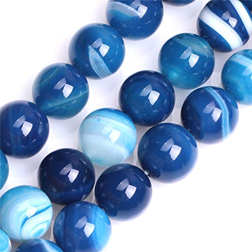 GEM-Inside Natural 14mm Banded Blue Agate Gemstone Loose Beads Round Energy Stone Power Beads for Jewelry Making 15"