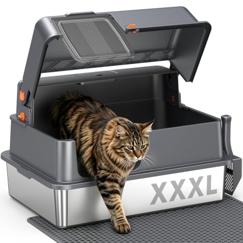 Bac Litière INOX XXXL Grand Ouvert Chat Bords Hauts, Gris foncé
