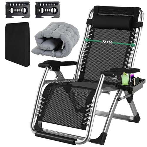 Fiutazge Sonnenliege Liegestuhl Klappbar mit Verstellbare Rückenlehne,Kissen,Kopfteil,GeträNkehalter,Fußstütze,Balkonliege,Gartenliege Wetterfest für Patio,Strand,Camping-Grau Belastbar 240kg