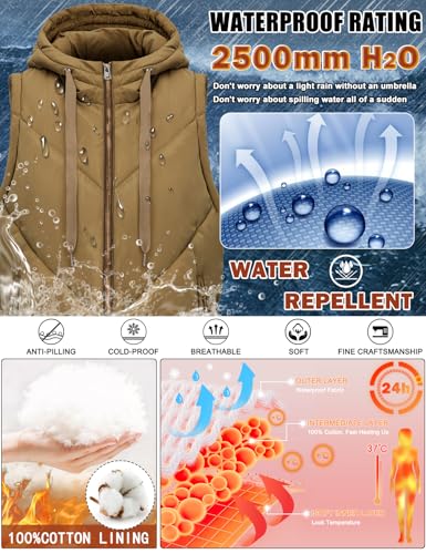 HEEKPEK Womens Puffer Vest Sleeveless Hooded Long Puffy Vests Zip Up Quilted Thick Winter Jackets Outerwear with Pockets (Khaki,Small)