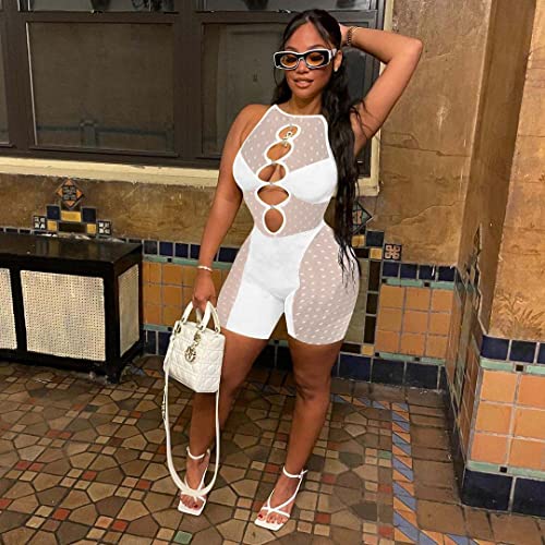 Mkqw Sexy Mesh Romper For Women Summer Bodycon Sleeveless Sheer Hollow Out Club Party Short One Piece Jumpsuit White L #TOP3