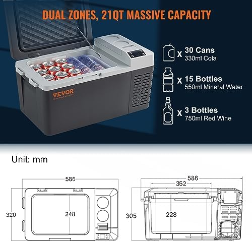 VEVOR Przenośna lodówka, elektryczna zamrażarka, 20 l, 12/24 V, mała zamrażarka, -20~10°C, elektryczna lodówka kompresorowa, 580 x 330 x 310 mm, do samochodu, na kemping, ciężarówkę, itd.
