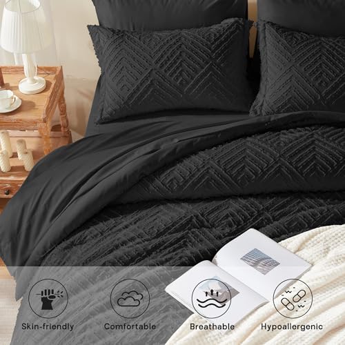 Image of Zzlpp Queen Comforter Set 7 Pieces, Black Tufted Bed in a Bag with Comforter and Sheets,All Season Boho Bedding Sets with Comforter, 2 Pillow Shams, 2 Pillowcases, 1 Flat Sheet, 1 Fitted Sheet