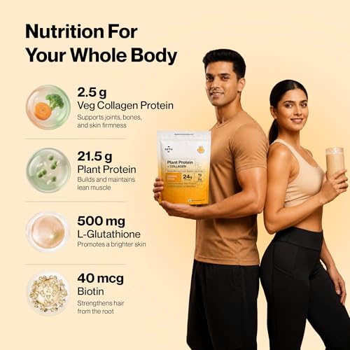 Image of Setu Plant Protein + Veg Collagen | 24g Protein with Glutathione & Biotin | Pea & Rice Isolate | For Muscle, Skin & Hair | Protein Powder for Men & Women | Alphonso Mango Flavour | (Pack of 6 Single Serve Sachets)