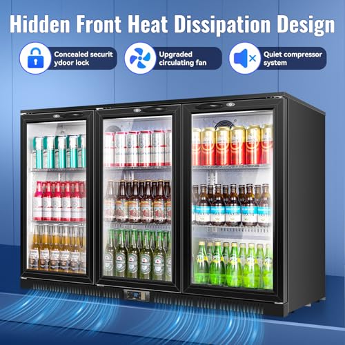 Image of Tylza Back Bar Cooler With 3 Glass Doors, 312L Under Counter Back Bar Refrigerator with LED Lighting, Safety Locks, Counter Height Bar Beverage Cooler for Beer, Soda Drinks, Wine, Black
