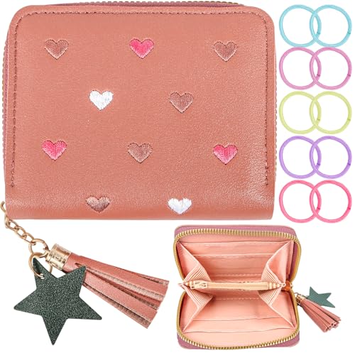 Portafoglio con cerniera e nappe portamonete sottile piccolo cuori ricamati per bambini adolescenti donne Taglia unica classico corto rosa pelle