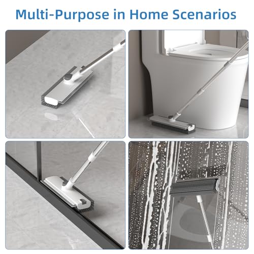 Image of Scrub Brush with Long Handle, Floor Scrub Brush Squeegee Broom for Cleaning, 3 in 1 Shower Scrubber Floor Broom Squeegee for Concrete Tile Wall Deck Patio White