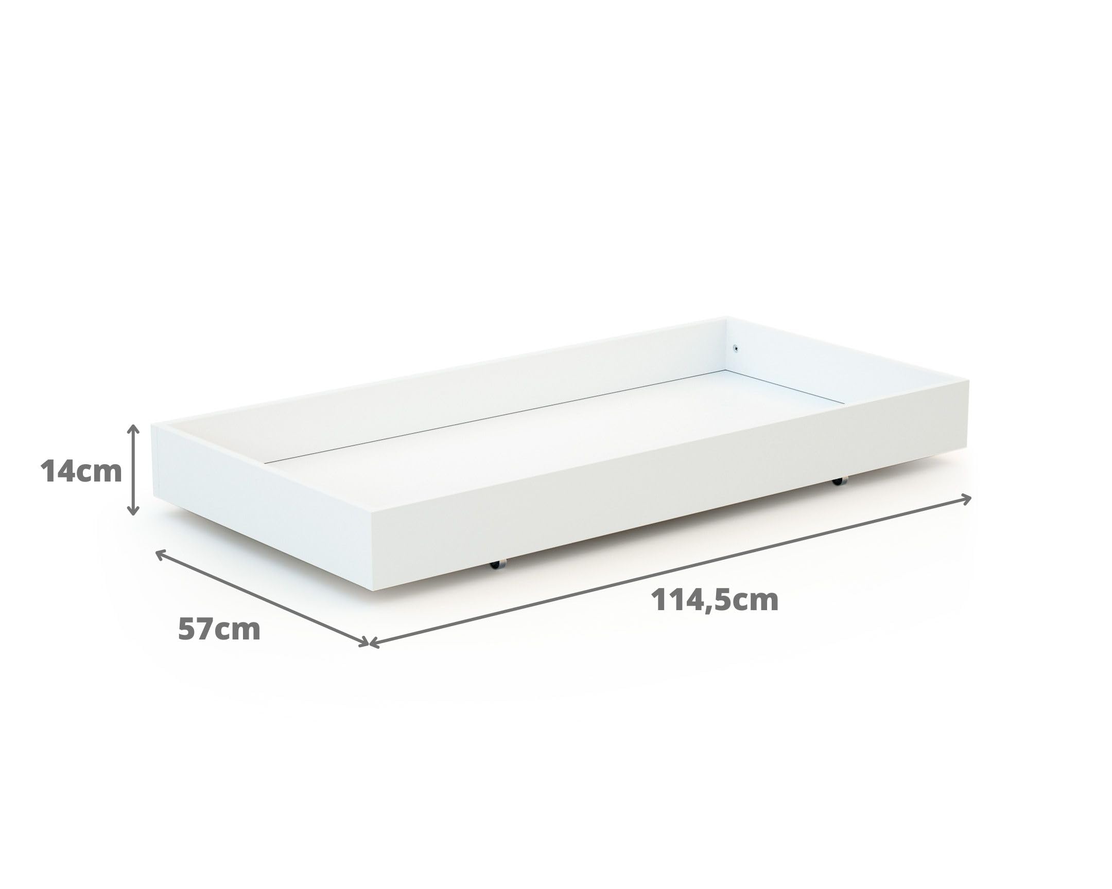 AT4 - ESSENTIEL Cajón de Cama Blanco | Para cuna 60x120 cm | Cajón universal de madera | Cajón con 4 ruedas | Altura 15cm | Almacenamiento práctico y discreto | Ahorro de espacio