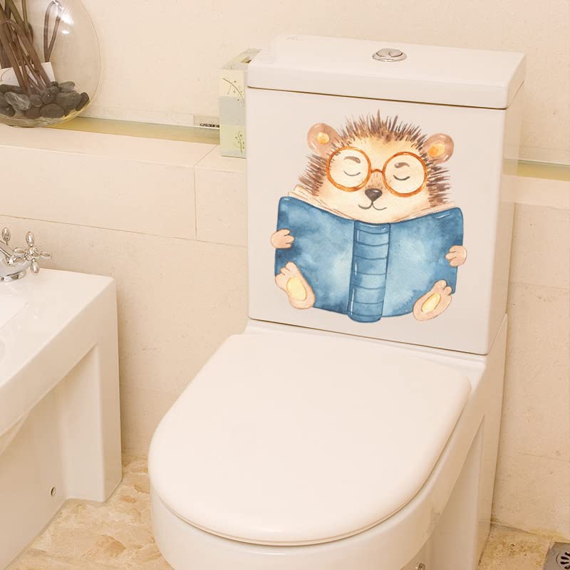Cartoon Hedgehog Book Toilet Cover Sticker Decals,Glasses Flower Leaf Waterproof Toilet Lid Tank Seat Decals Cistern Self-Adhesive Bathroom Wall Sticker