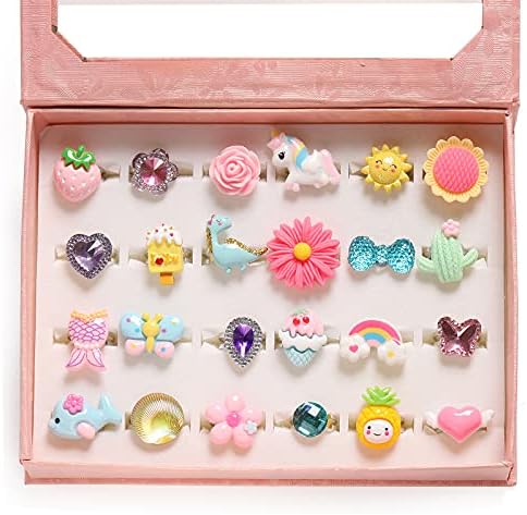 PinkSheep Little Girl Jewel Rings in Box, Adjustable, No Duplication, Girl Pretend Play and Dress Up Rings (24 Lovely Ring)